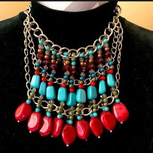 SILVER TONE CHAIN-TURQUOISE, CORAL, RED ETC BEADS.